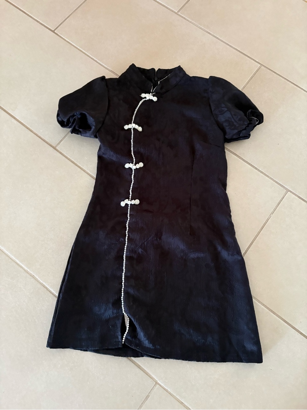 Black Satin Cheongsam Style Mini Dress with Pearl Frog Closures qipao traditions